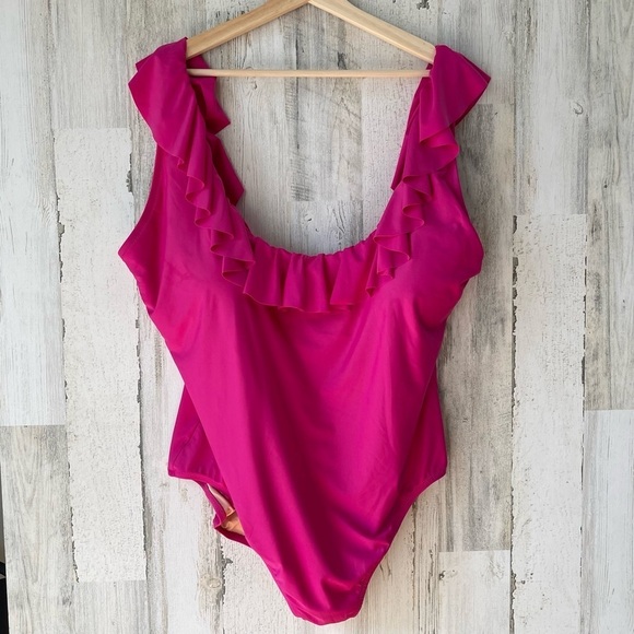 J. Crew Hot Pink Ruffle Scoopback One-Piece Swimsuit Bathing Suit Plus Size 24 - Picture 3 of 14